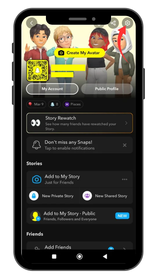 A smartphone screen displaying the Snapchat profile page. An arrow points to the gear icon in the top-right corner, indicating where to tap to access Snapchat Settings. 