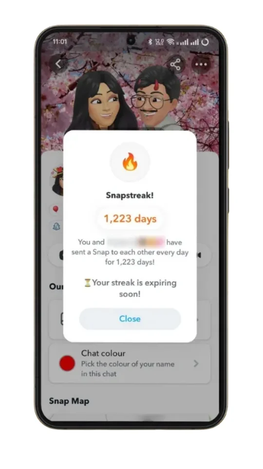 A smartphone screen displaying a Snapchat Snapstreak notification. The screen shows Bitmoji avatars of a boy and girl with cherry blossom background. A pop-up message in the center reads: "Snapstreak! 1,223 days. You and [name blurred] have sent a Snap to each other every day for 1,223 days! Your streak is expiring soon!" The bottom part of the app shows chat settings, including "Chat colour" and "Snap Map."