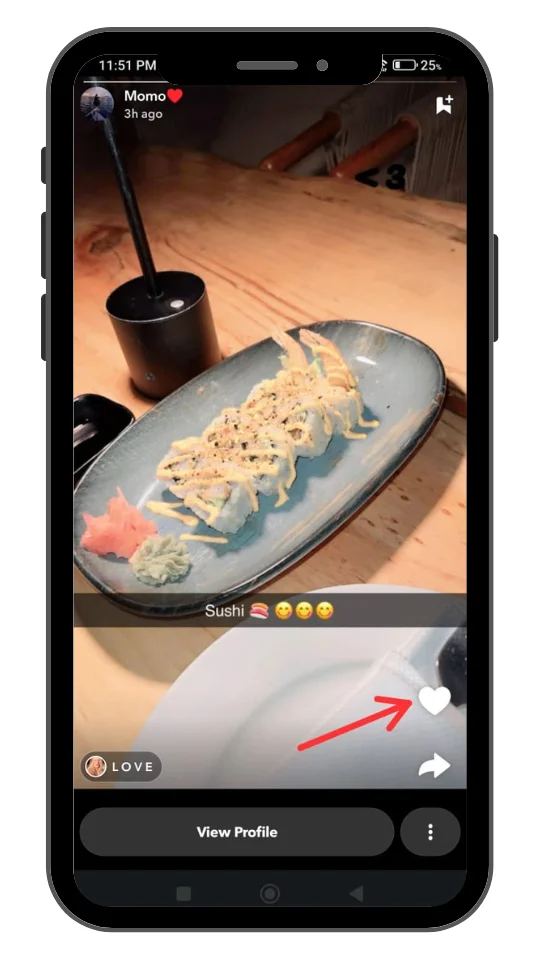 A smartphone screen shows a social media story featuring a plate of sushi on a wooden table. The dish includes sushi rolls topped with sauce and seasoning, accompanied by wasabi and pickled ginger. The caption reads "Sushi 🍣😍😘😘". An arrow points to a heart icon on the right side of the screen, indicating a reaction option. The username "Momo❤️" appears at the top, showing the story was posted 3 hours ago.