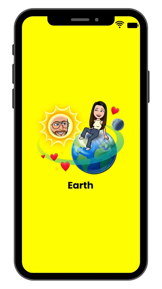 Illustration of the Earth Snapchat Planet showing a Bitmoji of a female avatar sitting on Earth, with red hearts around, and a smiling sun Bitmoji representing the user, displayed on a yellow Snapchat Plus background.