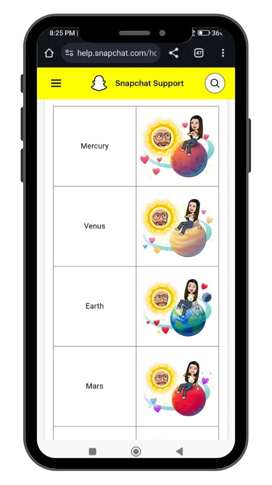 A mobile screen displaying Snapchat Support's visual guide to the Friend Solar System feature. It shows Bitmoji avatars of two users — one representing the Sun and the other sitting on a planet. Four planets are shown: Mercury (red with pink and purple hearts), Venus (light orange with yellow and blue hearts), Earth (blue and green with red hearts), and Mars (bright red with purple hearts). Each planet indicates a different best friend ranking.