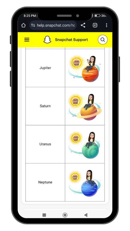 A smartphone screen showing Snapchat Support's guide to the Friend Solar System feature. It displays Bitmoji characters, with one as the Sun and the other sitting on a colored planet. Four planets are featured: Jupiter (orange with red and white swirls), Saturn (yellow with rings), Uranus (light green), and Neptune (blue). Each planet signifies a different best friend ranking in Snapchat Plus.