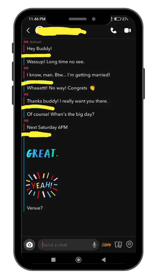 A smartphone screen shows a messaging app conversation between two friends. The conversation reveals that one friend is getting married. Messages include congratulations and details about the wedding date: "Next Saturday 6PM." The chat also features colorful stickers that say “GREAT.” and “YEAH!” followed by a message asking, “Venue?”