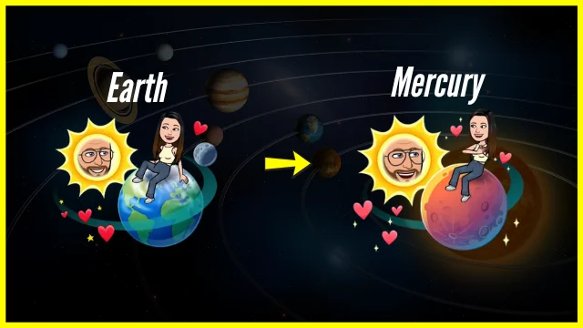 Illustration showing a Bitmoji moving from Earth to Mercury in the Snapchat Planet system, representing a rise from #3 best friend to #1 best friend in Snapchat Plus.