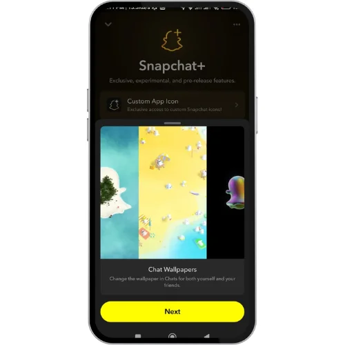A smartphone screen showcasing the Snapchat+ feature called "Chat Wallpapers." The interface displays two sample wallpaper designs, one with a beach theme and another with a holographic Snapchat ghost logo. The description highlights the ability to change chat wallpapers in Chats for both yourself and your friends. At the bottom, there's a prominent yellow "Next" button. The top includes the Snapchat+ logo and text mentioning access to exclusive, experimental, and pre-release features.