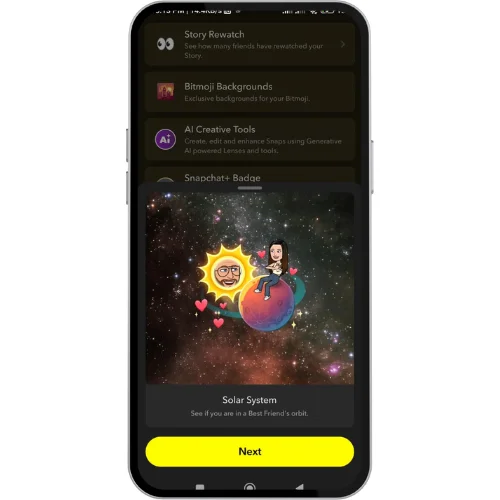 Snapchat Plus feature 'Solar System' displayed on a smartphone screen, showing Bitmoji characters representing the Sun and a planet with hearts around them, illustrating the Friends Solar System feature that shows your best friend’s orbit.