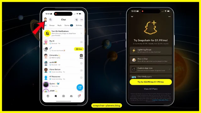 Two smartphone screens displaying Snapchat interfaces. The left screen shows the chat section with a red arrow pointing to a user's Bitmoji icon, and the right screen promotes Snapchat+ subscription features such as 'Best Friends,' 'Custom App Icons,' and a $3.99/month plan, with a space-themed background.