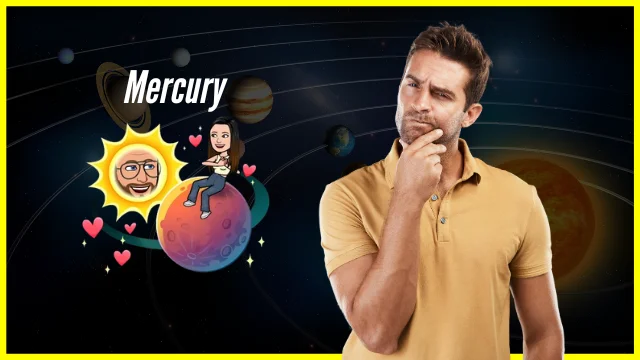 A man thinking with a Snapchat-themed background showing the Mercury planet, Bitmoji characters, and the text 'Mercury' — representing the concept of becoming someone’s #1 Best Friend on Snapchat.