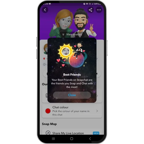 Snapchat Plus Best Friends feature showing the Mercury planet, indicating the user is the #1 best friend, with a Bitmoji riding Mercury near the Sun.