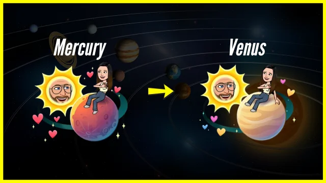 Snapchat Planets visual showing a user's position changing from Mercury to Venus, indicating a drop in Best Friend ranking with Bitmoji characters and planets.