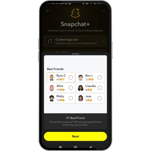 A smartphone screen displaying the Snapchat+ feature "Pin Best Friend." The interface shows a list of best friends with Bitmoji avatars, usernames, and streak numbers. A pin icon is visible next to "Ryan C," indicating he is pinned as the user's #1 Best Friend. The feature allows users to pin one friend as their BFF and get a special Friend Emoji if pinned back. The screen has a yellow "Next" button at the bottom, and the top highlights Snapchat+ as an exclusive, experimental feature.