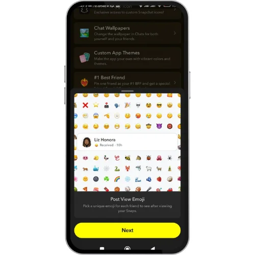 Snapchat Plus feature 'Post View Emoji' shown on a smartphone screen, displaying a grid of emojis and an example Snap from a friend named Liz Honora — users can select a unique emoji that appears after friends view their Snaps.