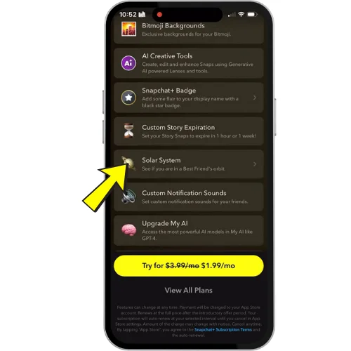 Snapchat Plus settings screen highlighting the 'Solar System' feature with a yellow arrow, showing the Snapchat Planets Feature that displays your position in a Best Friend’s orbit.