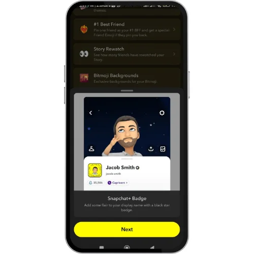 Snapchat Plus feature 'Snapchat+ Badge' displayed on a smartphone screen, showing a Bitmoji profile of a user named Jacob Smith with a black star badge next to the username.