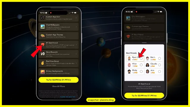 Two smartphone screens showing Snapchat+ features. The left screen highlights the '#1 Best Friend' feature with a red arrow, listing other premium features like custom themes and story rewatch. The right screen displays the 'Best Friends' list with a red arrow pointing to a contact marked as '#1 Best Friend' using a gold pin. A try button for $3.99/month or $1.99/month is visible at the bottom of both screens.