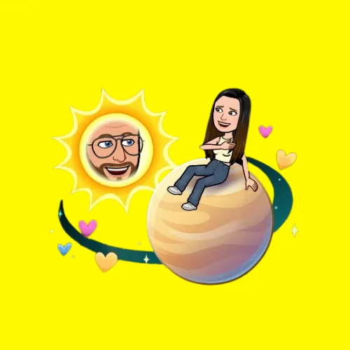 Venus Snapchat Planet Bitmoji – Best friend sitting on Venus, with the Sun face showing the Snapchat user. Colorful hearts floating around show the strength of the connection.
