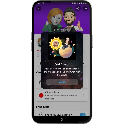 Mobile screenshot showing the Venus Snapchat Planet badge on a user’s Best Friends list, with the user as the Sun and their best friend sitting on the Venus planet surrounded by colorful hearts, inside the Snapchat Plus interface.
