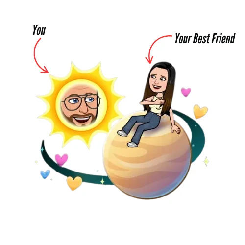 Venus Snapchat Planet visual showing the user as the Sun and their best friend sitting on the Venus planet, with colorful hearts and orbit ring indicating a close friendship on Snapchat Plus.