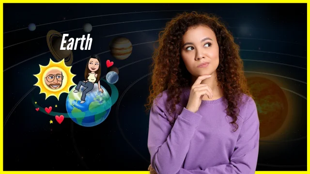 Young woman in a purple sweater looking thoughtful beside a graphic of the Earth Snapchat Planet, showing a Bitmoji on Earth with hearts and the Sun Bitmoji, representing the #3 best friend rank in Snapchat Plus.