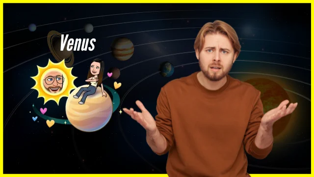 Confused man looking at Snapchat Solar System with the Venus Snapchat Planet highlighted, showing the user as the Sun and their best friend sitting on Venus, explaining why Venus is the #2 best friend rank on Snapchat Plus.